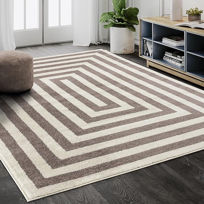 Abani Contemporary Beige & Ivory 7'9" x 10'2" Area Rug, Contrasting Geometric Modern Stripe Symmetrical Living Room Carpet Rugs