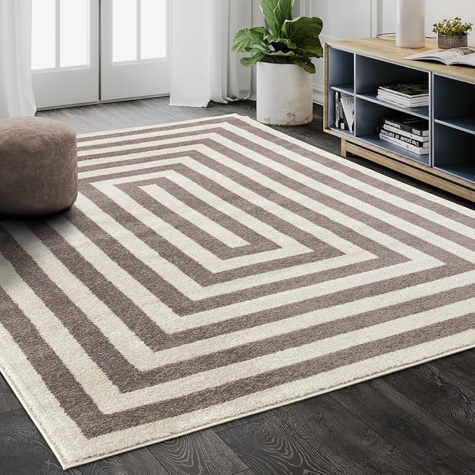 Abani Contemporary Beige & Ivory 5'3" x 7'6"(5'x8') Area Rug, Contrasting Geometric Modern Stripe Symmetrical Living Room Carpet Rugs
