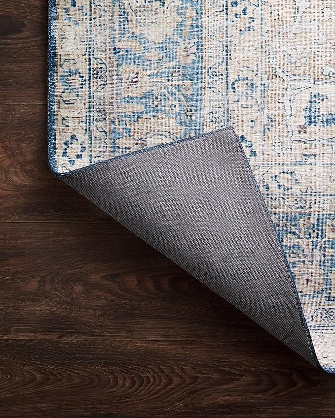 Loloi Layla Collection LAY-07 Blue/Tangerine 9'-0" x 12'-0" .13" Thick Area Rug, Soft, Durable, Vintage Inspired, Distressed, Low Pile, Non-Shedding, Easy Clean, Printed, Living Room Rug