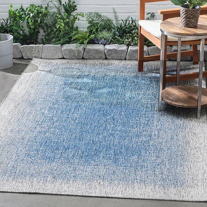 FH Home Outdoor Rug - Waterproof Easy to Clean Stain Resistant - Patio Indoor Outdoor Porch Deck Balcony Entryway - Ombre Modern - Dhruva - Blue - 4' x 6'