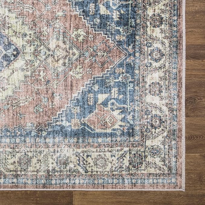 Bloom Rugs Caria Washable Non-Slip 6x9 Rug - Coral Pink/Ocean Blue Traditional Area Rug for Living Room, Bedroom, Dining Room, and Kitchen - Exact Size: 6' x 9'