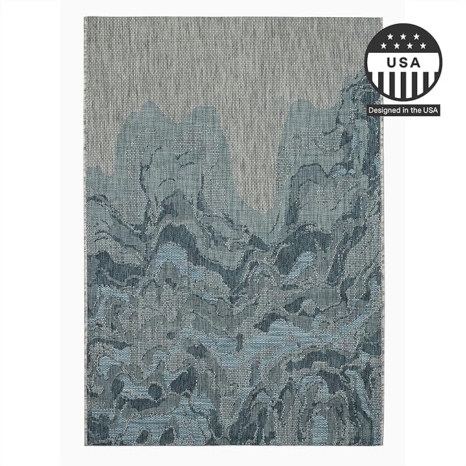 FH Home Outdoor Rug - Waterproof Easy to Clean Stain Resistant - Patio Indoor Outdoor Porch Deck Balcony Entryway - Modern Abstract - Freeport - Blue - 5ft 2in x 7ft 6in