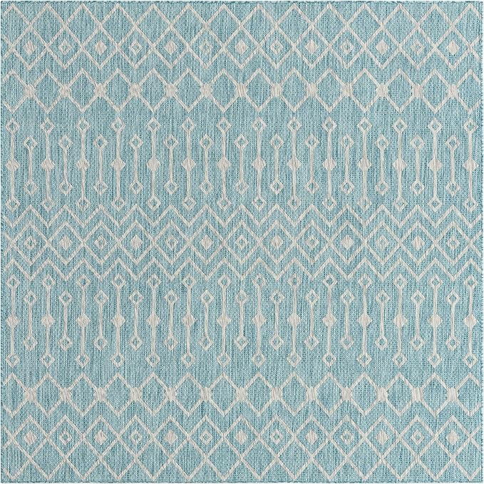 Unique Loom Outdoor Trellis Collection Area Rug - Tribal Trellis (7' 10" Square, Aqua/ Ivory)