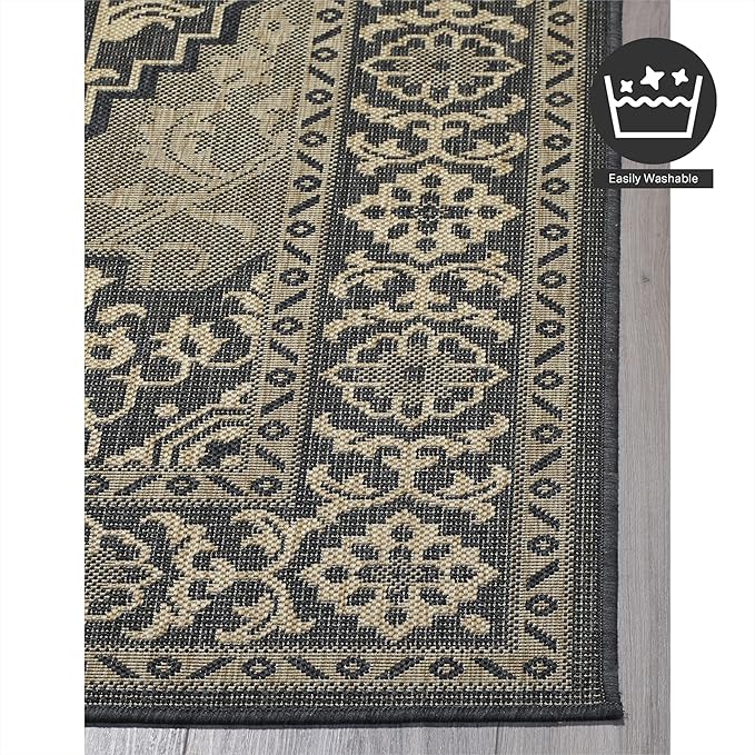 FH Home Flat Woven Outdoor Rug - Waterproof, Easy to Clean, Stain Resistant - Premium Polypropylene Yarn - Vintage - Patio, Porch, Deck, Balcony - Ankara - Charcoal - 5ft 4in x 7ft 6in
