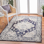 SAFAVIEH Monaco Collection Accent Rug - 4' x 5'7", Ivory & Navy, Boho Medallion Distressed Design, Non-Shedding & Easy Care, Ideal for High Traffic Areas in Entryway, Living Room, Bedroom (MNC243C)