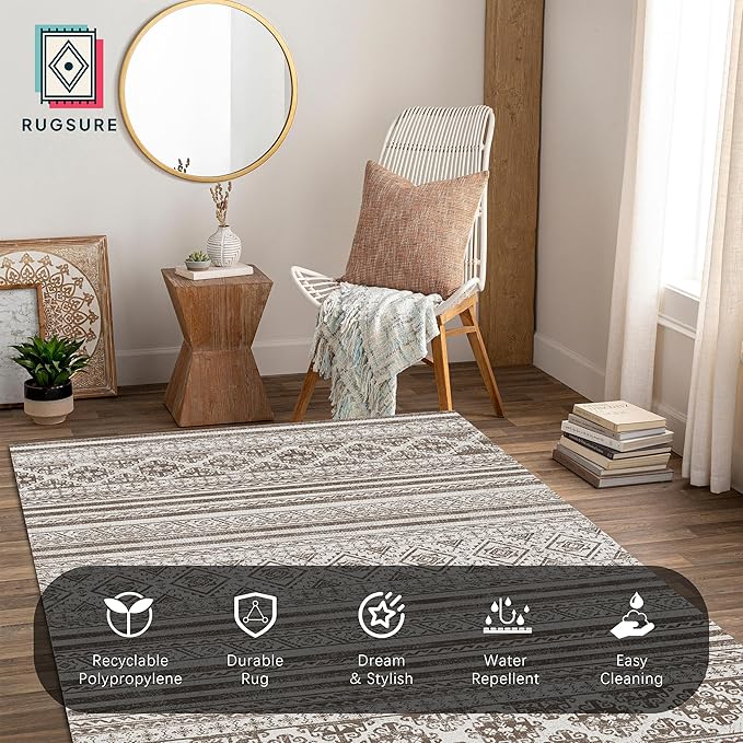 RUGSURE Washable Area Rugs 5' x 7' - 1/6 Thick - Moroccan-Inspired -Stain & Water Resistant Non-Slip - Resistant Rug for Living Room, Bedroom, Nursery, Pet & Child Friendly (Brown)