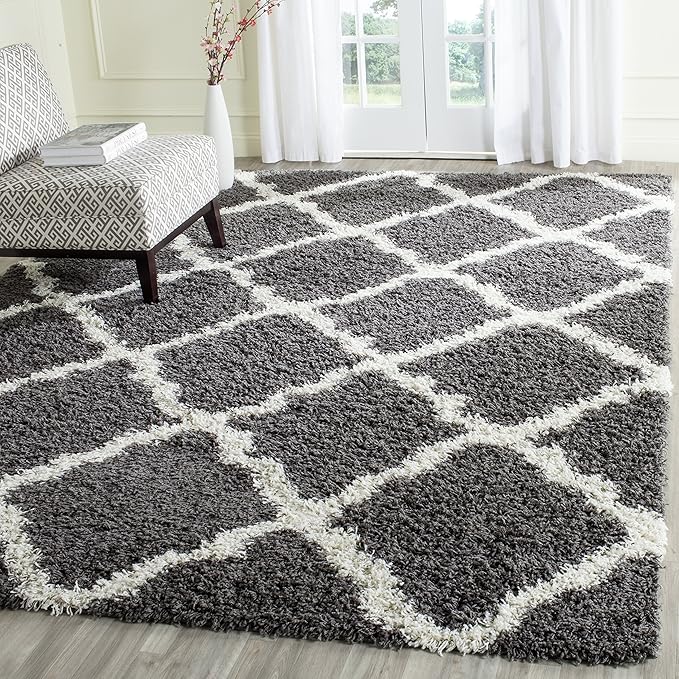 SAFAVIEH Dallas Shag Collection Area Rug - 6' x 9', Dark Grey & Ivory, Trellis Design, Non-Shedding & Easy Care, 1.5-inch Thick Ideal for High Traffic Areas in Living Room, Bedroom (SGD257A)