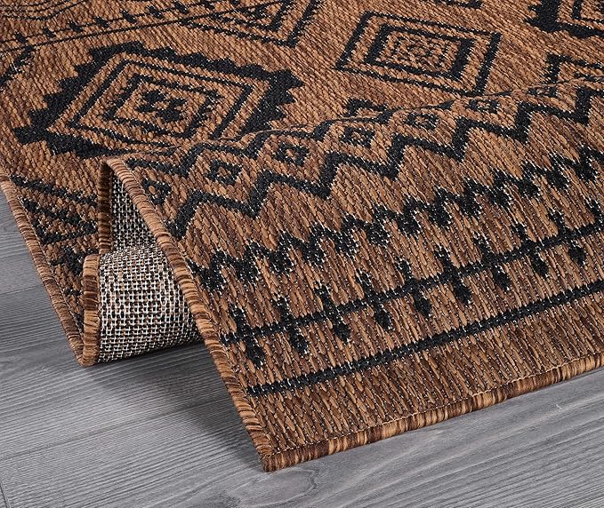 Beverly Rug Waikiki Boho Indoor Outdoor Rug 6x9, Washable Outside Carpet for Patio, Deck, Porch, Bohemian Area Rug, Farmhouse Rugs, Aztec Tribal Rug, Nut Brown and Black