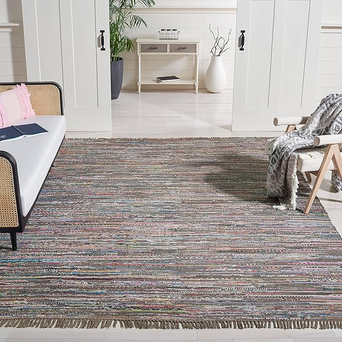 SAFAVIEH Rag Rug Collection Area Rug - 10' x 14', Rust & Multi, Handmade Boho Stripe Cotton, Ideal for High Traffic Areas in Living Room, Bedroom (RAR121E)