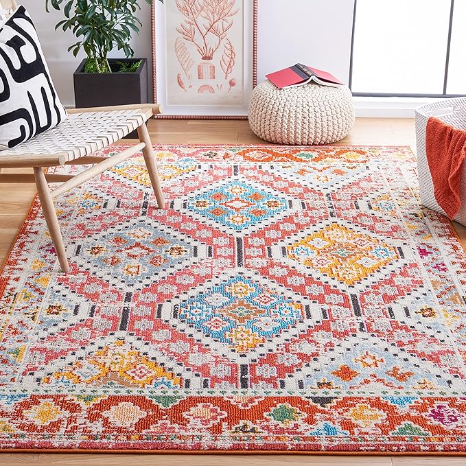 SAFAVIEH Madison Collection Area Rug - 9' x 12', Rust & Pink, Boho Diamond Distressed Design, Non-Shedding & Easy Care, Ideal for High Traffic Areas in Living Room, Bedroom (MAD418Q)