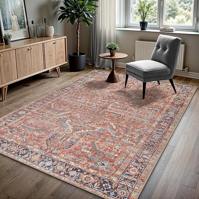 GLN Rugs Traditional Collection - Machine Washable Area Rug, Traditional Washable, Non Slip, Low Pile Chenille Rug, Living Room, Bedroom, Kitchen Rug (9' x 12' Terra/Multicolor 1168)