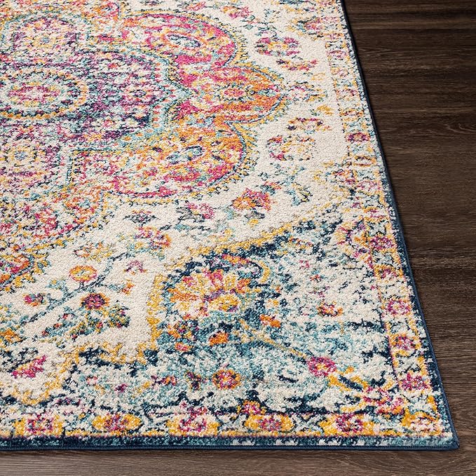 Livabliss Area Rugs - 2x3 Romaine Vintage Boho Fuchsia Mustard Blue Area Rug for Living Room Bedroom - Floral Medallion Stain Resistant Carpet for Kitchen, Nursery, Office (2' x 3')