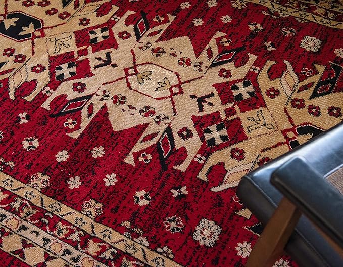 Unique Loom Taftan Collection Border Geometric Tribal Inspired Design Area Rug (7' 0 x 10' 0 Rectangular, Red/ Gold)