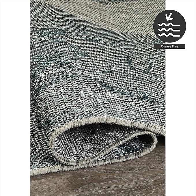 FH Home Outdoor Rug - Waterproof Easy to Clean Stain Resistant - Patio Indoor Outdoor Porch Deck Balcony Entryway - Modern Abstract - Freeport - Blue - 7ft 8in x 9ft 8in
