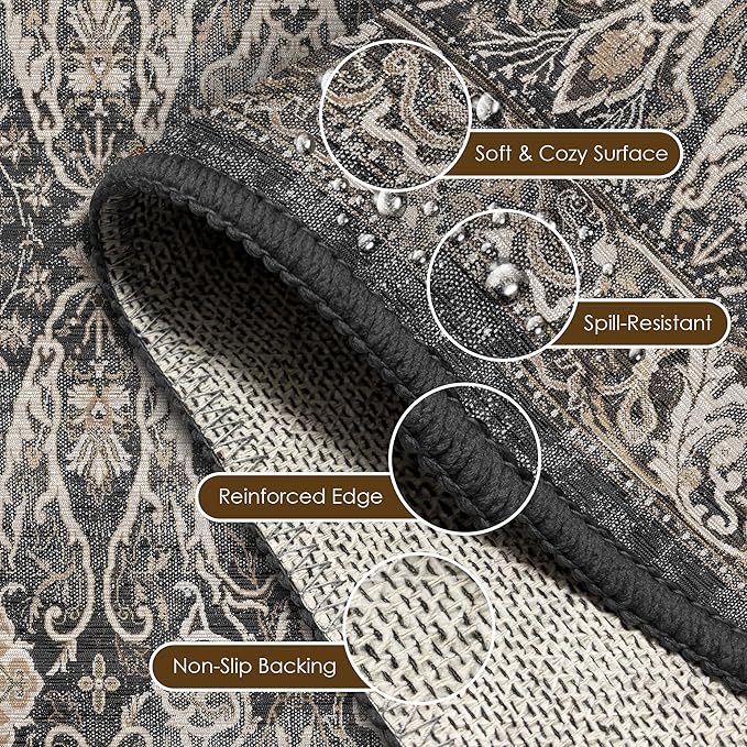 Washable Area Rug 3' x 5 ' Vintage Traditional Persian Mat - Foldable Distressed Non-Slip Machine Washable Carpet for Living Room Bedroom Kitchen Home Decor - Ebony and Taupe