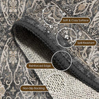 Washable Area Rug 2'6'' x 8' Vintage Traditional Persian Mat - Foldable Distressed Non-Slip Machine Washable Carpet for Living Room Bedroom Kitchen Home Decor - Ebony and Taupe