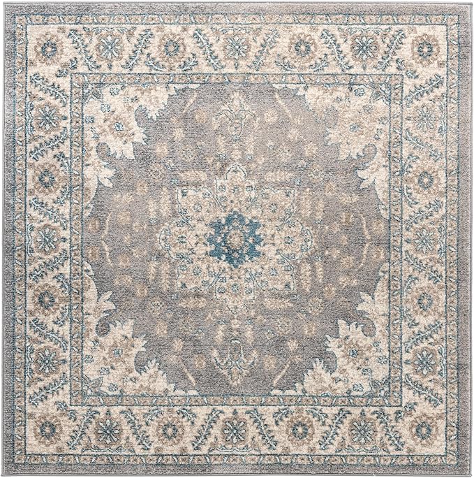 Unique Loom Salzburg Collection Classic Traditional Design Oriental Inspired Border Area Rug (5' 0 x 5' 0 Square, Gray/Beige)