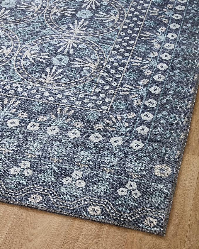 Loloi Rifle Paper Co. Maison Collection MAO-03 Rosette Blue 2'-6" x 7'-6", .19" Pile Height, Runner Rug