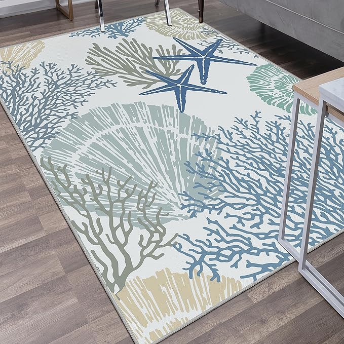 Tritard Coastal Area Rugs Nautical Beach Themed Non-Slip Machine Washable Rugs Modern Floor Carpet for Living Room Bedroom, 5x7, Blue