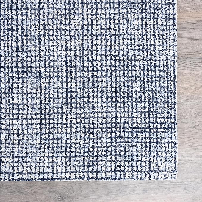 Hand-Tufted 100% Wool Pile Area Rug – Geometric Textured Grid Check Pattern – Thick and Durable Floor Carpet for Bedroom, Living Room, Kids Room, and Dining Area (Navy Blue, 10' x 14')