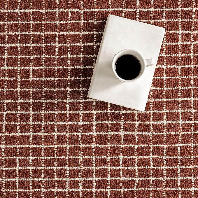 Rugs USA 8'6" x 11'6" Melrose Checked Wool Indoor Area Rug, Contemporary Farmhouse Chestnut/Ivory for Living Room, Bedroom, Office, Entryway, Hallway