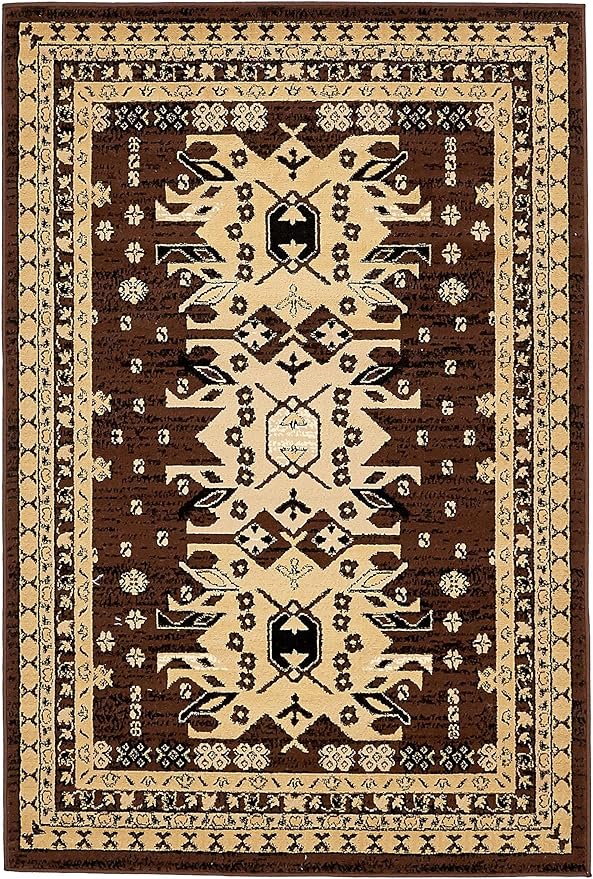 Unique Loom Taftan Collection Border Geometric Tribal Inspired Design Area Rug (4' 0 x 6' 0 Rectangular, Brown/ Tan)