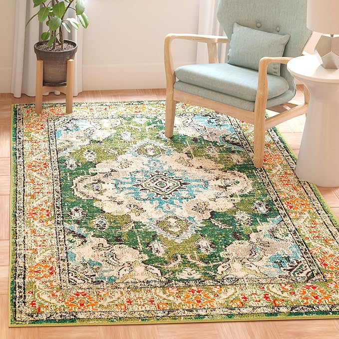 SAFAVIEH Monaco Collection X-Large Area Rug - 11' x 15', Forest Green & Light Blue, Medallion Distressed, Non-Shedding & Easy Care, Ideal for High Traffic Areas in Living Room, Bedroom (MNC243F)