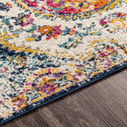 Livabliss Area Rugs - 8ft Round Romaine Vintage Boho Fuchsia Mustard Blue Round Area Rug for Living Room Bedroom - Floral Medallion Stain Resistant Carpet for Kitchen, Nursery, Office (7'10" Round)