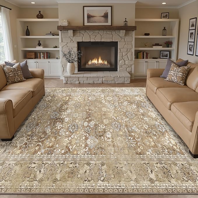 HUGEAR 6x9 Machine Washable Rugs Brown Beige Hallway Large Area Rug Indoor Accent Rug Floral Low Pile Carpet Soft Throw Aesthetic Rug Bedroom Living Room Office Dining Room Kitchen Laundry Room