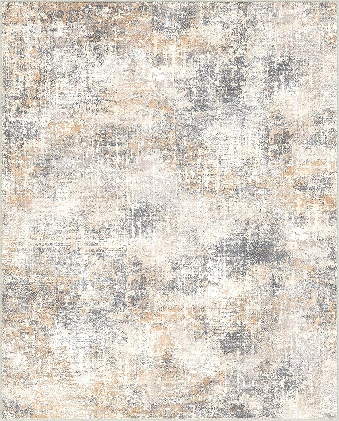 Bavni 9x12 Area Rugs Machine Washable Rug for Living Room, Modern Printed Rug Indoor Soft Area Rug for Bedroom Dining Room, Ultra-Thin Low Pile Carpet with Non Slip Rubber Backing, Beige Gray