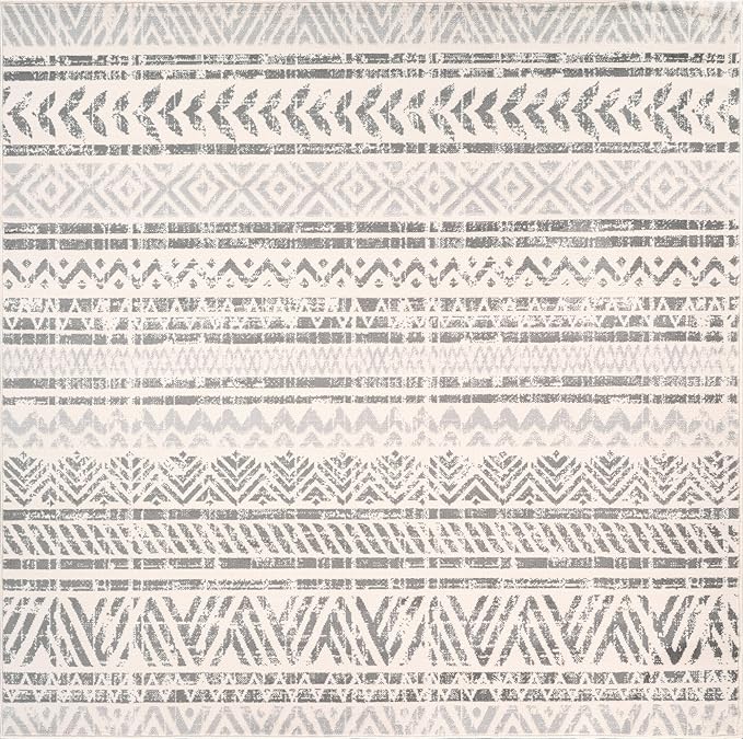 Rugshop Geometric Boho Square Rug – Gray Tribal Pattern, Perfect for Living Room, Bedroom, Dining Room, 6'6" x 6'6" Square