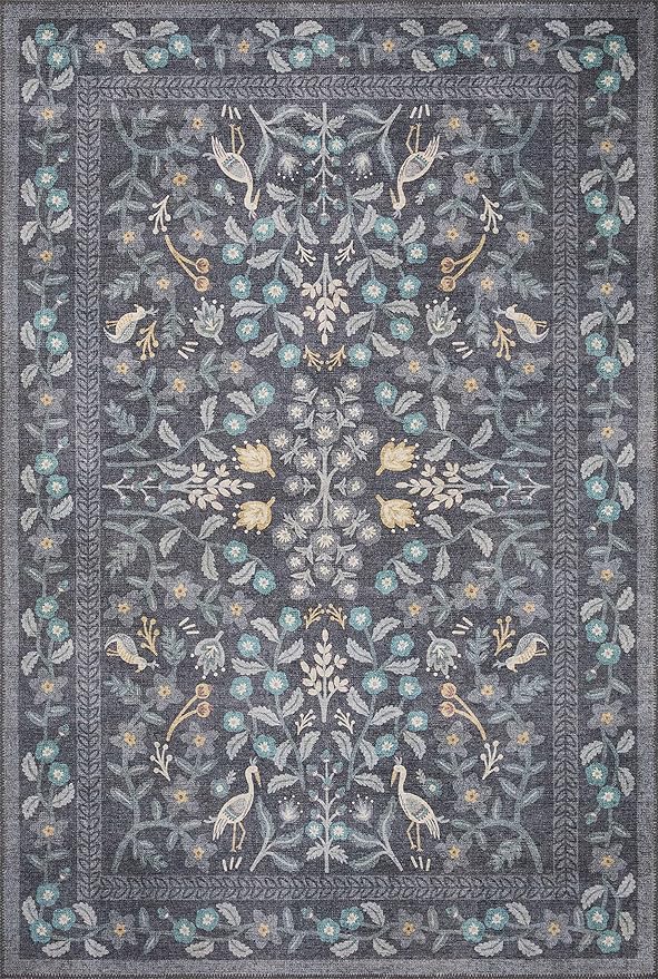 Loloi Rifle Paper Co. Maison Collection MAO-01 Nightingale Black 3'-0" x 3'-0" Round, .19" Pile Height, Accent Rug