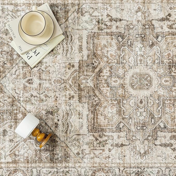 Brown Hallway Runner Rug 2x8 Vintage Washable Distressed Area Carpet Kitchen Indoor Non Slip Long Traditional Medallion Retro Accent Throw Rug for Bedroom Laundry Office Dining Living Room