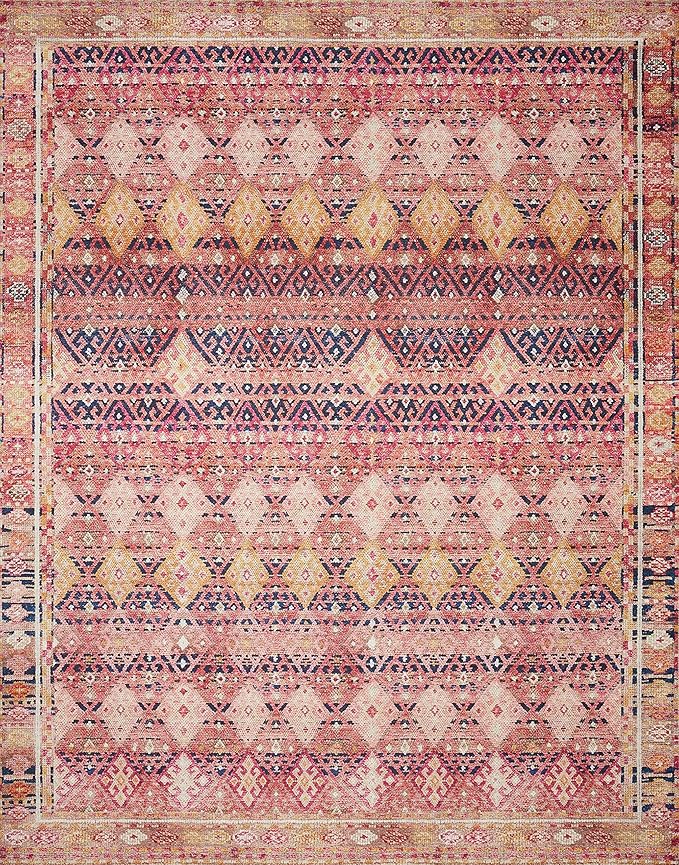 Loloi Layla Collection LAY-15 Magenta/Multi 7'-6" x 9'-6" .13" Thick Area Rug, Soft, Durable, Vintage Inspired, Distressed, Low Pile, Non-Shedding, Easy Clean, Printed, Living Room Rug