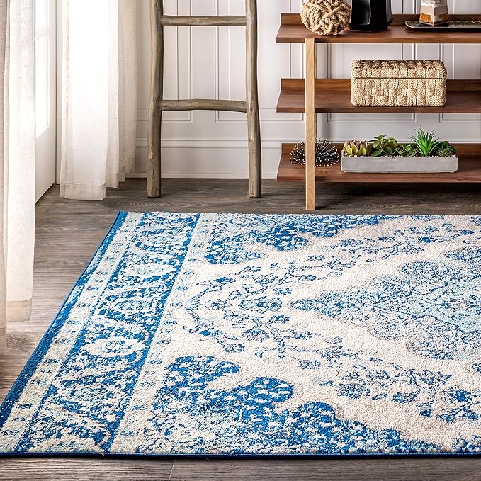 JONATHAN Y Boho Vintage Cream/Blue Indoor Area Rug, 4x6, Bohemian Flair Medallion, Floral Easy-Cleaning High Traffic for Living Room, Bedroom, Kitchen, Pet-Friendly, Non-Shedding (BMF106B-4)