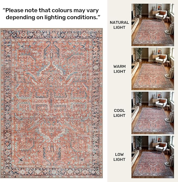 GLN Rugs Traditional Collection - Machine Washable Area Rug, Traditional Washable, Non Slip, Low Pile Chenille Rug, Living Room, Bedroom, Kitchen Rug (5'3" Round Terra/Multicolor 1168)