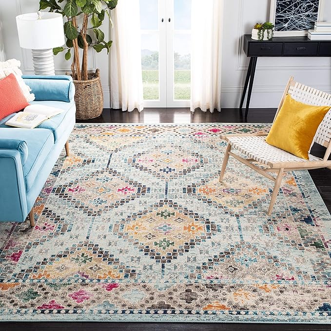 SAFAVIEH Area Rug 8x10 - Madison Collection - Large - Blue & Yellow, Boho Diamond Distressed Design, Non-Shedding & Easy Cleaning, Ideal for Living Room, Bedroom, Office, Dining Space (MAD418K)
