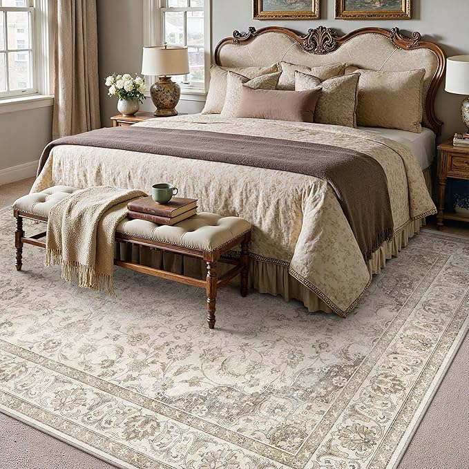 HUGEAR Area Rug 5x7 Vintage Brown Machine Washable Living Room Rugs Thin Neutral Floral Vacuumable Low Pile Carpet Bedroom Office Dining Room Laundry Room Non Slip Soft Lightweight