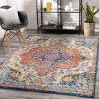 Livabliss Area Rugs - 8ft Round Romaine Vintage Boho Fuchsia Mustard Blue Round Area Rug for Living Room Bedroom - Floral Medallion Stain Resistant Carpet for Kitchen, Nursery, Office (7'10" Round)