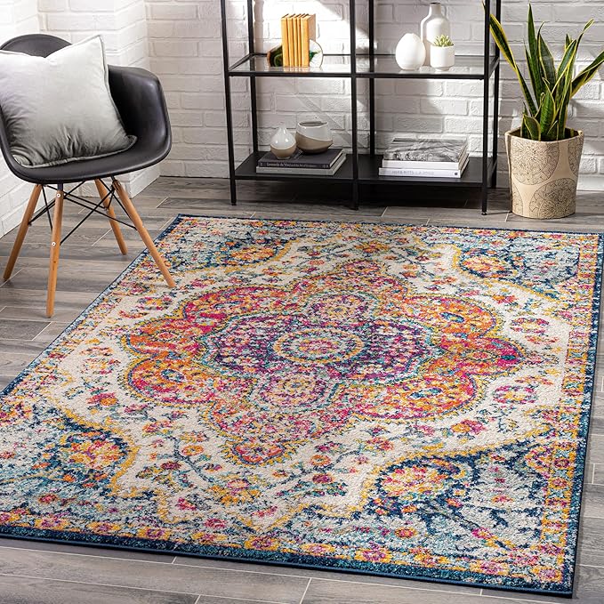 Livabliss Area Rugs - 8x10 Romaine Vintage Boho Fuchsia Mustard Blue Area Rug for Living Room Bedroom - Floral Medallion Stain Resistant Carpet for Kitchen, Nursery, Office (7'10" x 10'3")