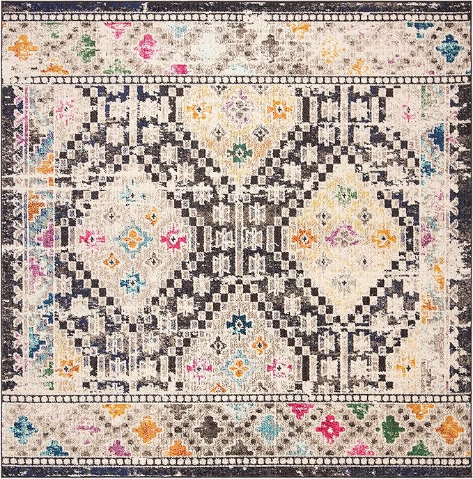SAFAVIEH Madison Collection Area Rug - 5' Square, Black & Yellow, Boho Diamond Distressed Design, Non-Shedding & Easy Care, Ideal for High Traffic Areas in Living Room, Bedroom (MAD418Z)