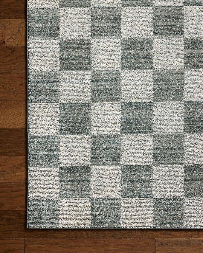 Loloi Chris Loves Julia Calvin Collection CLV-01 Blue/Ivory 2'-7" x 7'-6" Runner Rug Checkered Neutral Soft Living Room Bedroom Carpet