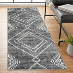 ReaLife Rugs Machine Washable Area Rug Runner - Living Room Bedroom Bathroom Kitchen Entryway Office - Padded Low Pile Stain Resistant Premium - Moroccan Diamond Tribal - Jax - Gray 2'6" x 10'