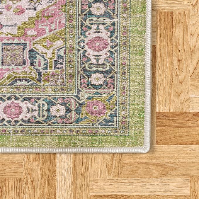 Ambesonne Ethnic Decorative Rug, Bohemian Retro Themed Floral Detail Cultural Abstract Shapes Flourish, Quality Carpet for Bedroom Dorm and Living Room, 4' X 5' 5", Pistachio Green Pink Teal