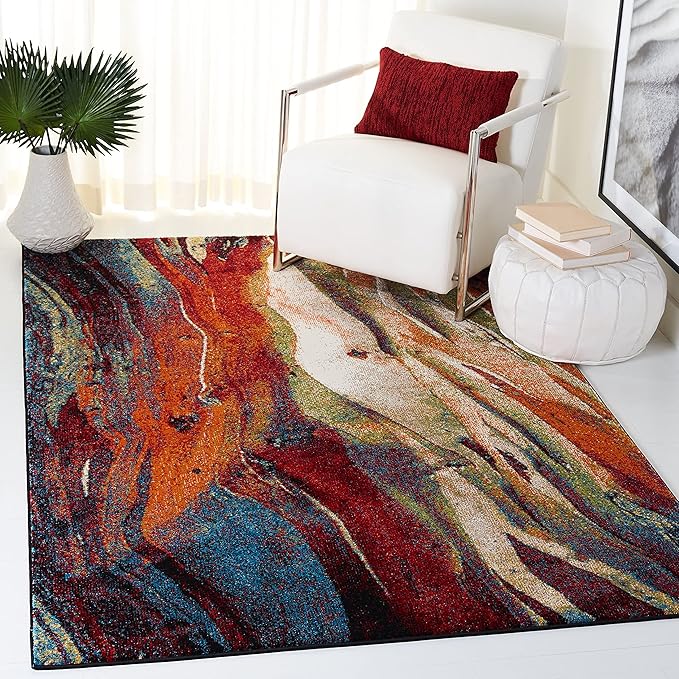 SAFAVIEH Glacier Collection 3' Round Red / Multi GLA126A Modern Abstract Non-Shedding Dining Room Entryway Foyer Living Room Bedroom Area Rug