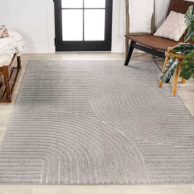 JONATHAN Y Hallie High-Low Curve Gray/Ivory Indoor/Outdoor Area Rug, 5x8, Minimalist, Pet Friendly, Non-Shedding, Stain Resistant, Hose-Washable for Backyard, Patio, Porch (SCN100A-5)