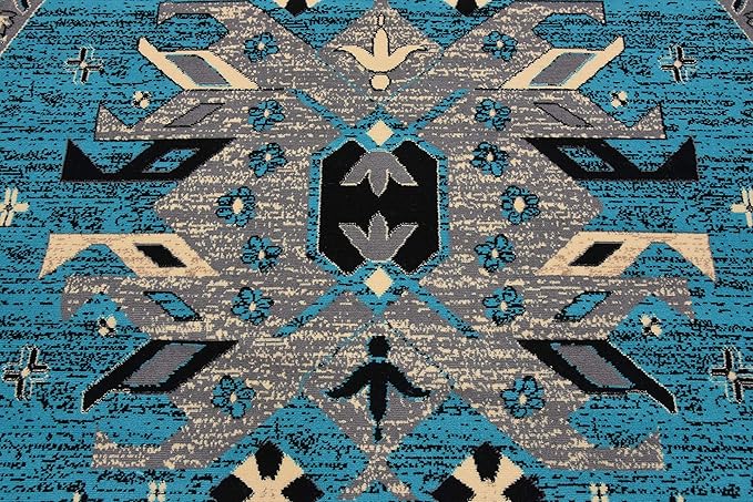 Unique Loom Taftan Collection Border Geometric Tribal Inspired Design Area Rug (8' 0 x 8' 0 Round, Turquoise/ Gray)