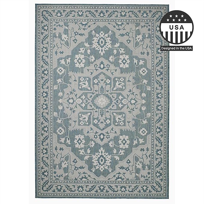 FH Home Flat Woven Outdoor Rug - Waterproof, Easy to Clean, Stain Resistant - Premium Polypropylene Yarn - Vintage - Large Patio, Deck, Sunroom - Shiraz - Ocean - 7ft 10 in x 10ft 9in