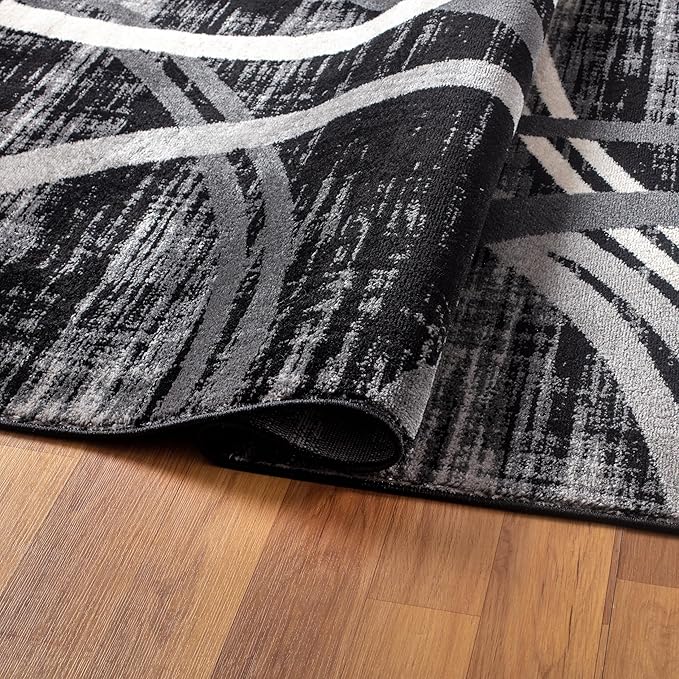 Rugshop Modern Wavy Circles Design Area Rug, Non-Shedding Carpet for Living Room, Large Bedroom, or Dining Room,Grand Room,Open Spaces Black, 8'8" x 12'