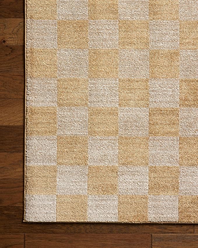 Loloi Chris Loves Julia Calvin Collection CLV-01 Apricot/Ivory 5'-3" x 5'-3" Round Area Rug Checkered Neutral Soft Living Room Bedroom Carpet